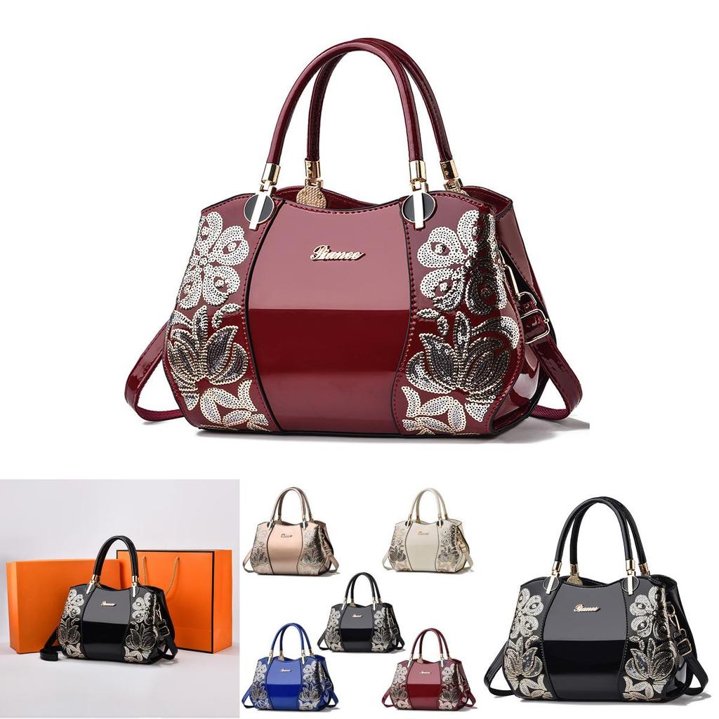 Stylish Middle-aged Women's Boston Big Atmospheric Lady Bag Patented Leather Mom Bag Large Capacity Handbag