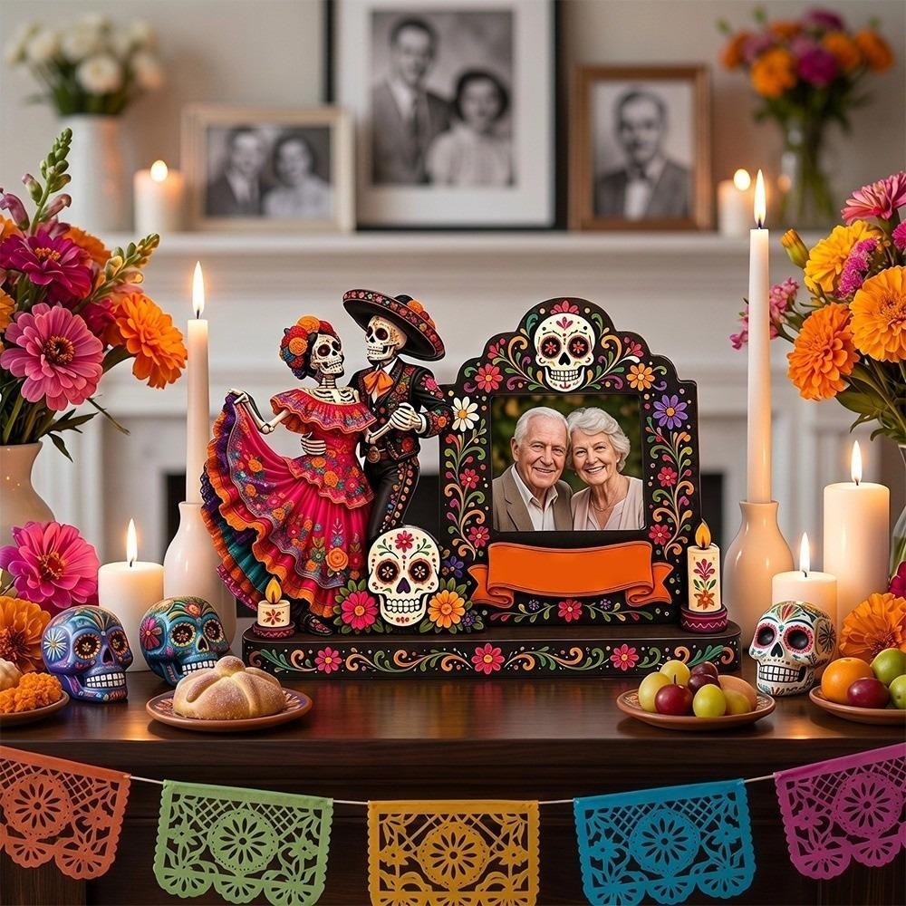 Skulls Candles Commemorative Photo Frame Wooden Mexican Dead Shadow Box Day of The Dead
