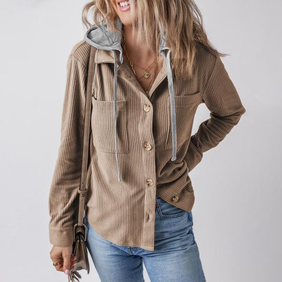 Весна Осень Женская Рубашка С Лоскутным Капюшоном И Нагрудными Карманами Завязывается На Шнурок Однобортная