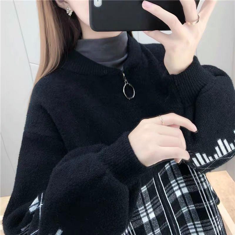 Korean Version of Women's Small Fragrance Style Woolen Coat, Spring and Autumn, Round Neck, Grid Pattern, Zipper, Pockets, Knit Cardigan