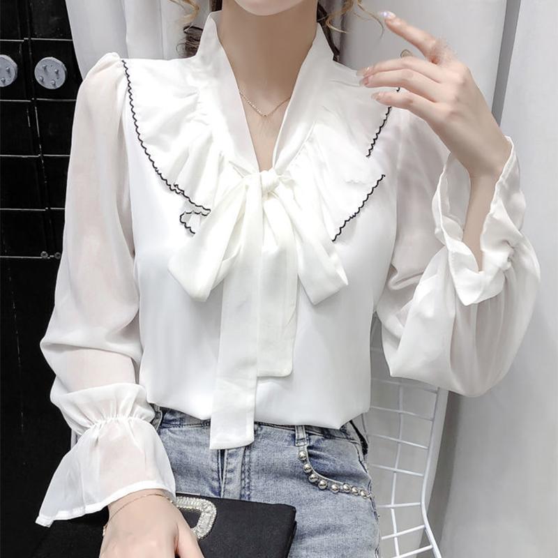 V-neck Chiffon Shirt Women's Long-sleeved Spring and Summer Tops Design Niche Lantern Sleeve Chiffon Shirt