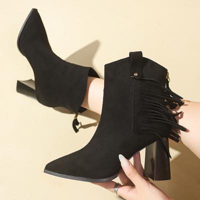 Женские ботинки с острым носком и бахромой, туфли на высоком каблуке «Челси», зима 2025 г., новые замшевые повседневные туфли, тренд, массивные ботинки Mujer