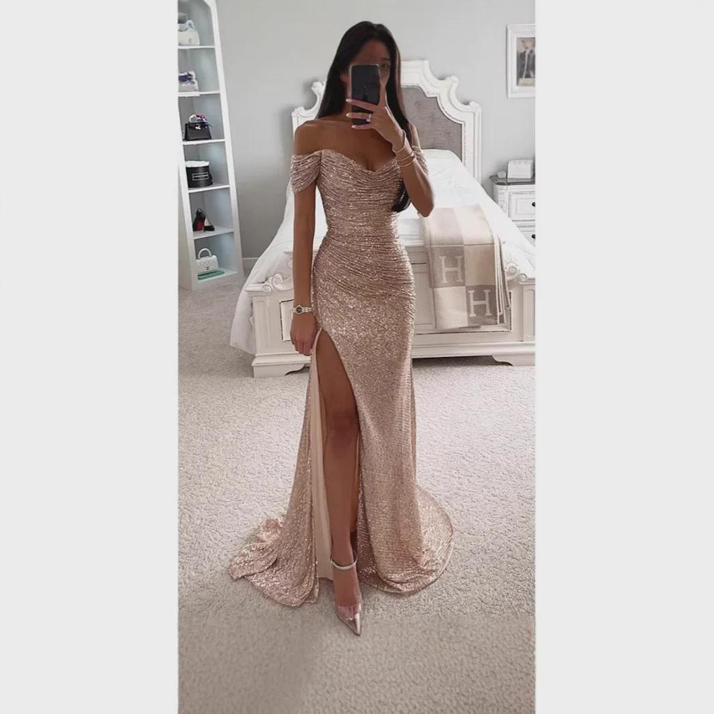 «Женское платье с разрезом и пайетками — сексуальное вечернее платье из полиэстера»