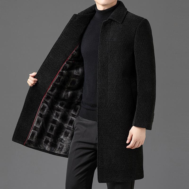 New Winter Chenille Coat for Young and Middle-aged Men, Long Velvet, Thickened Lapel, Woolen Warm Coat, Trendy