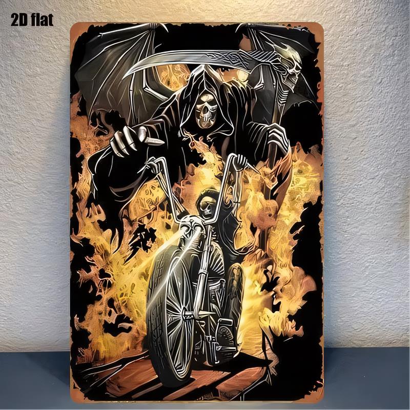 Tin Sign Metal Poster Vintage Skeleton Rider Motorcycle Flames Wall Art Decor Halloween Party Garage Bar Man Cave Plaque Clas