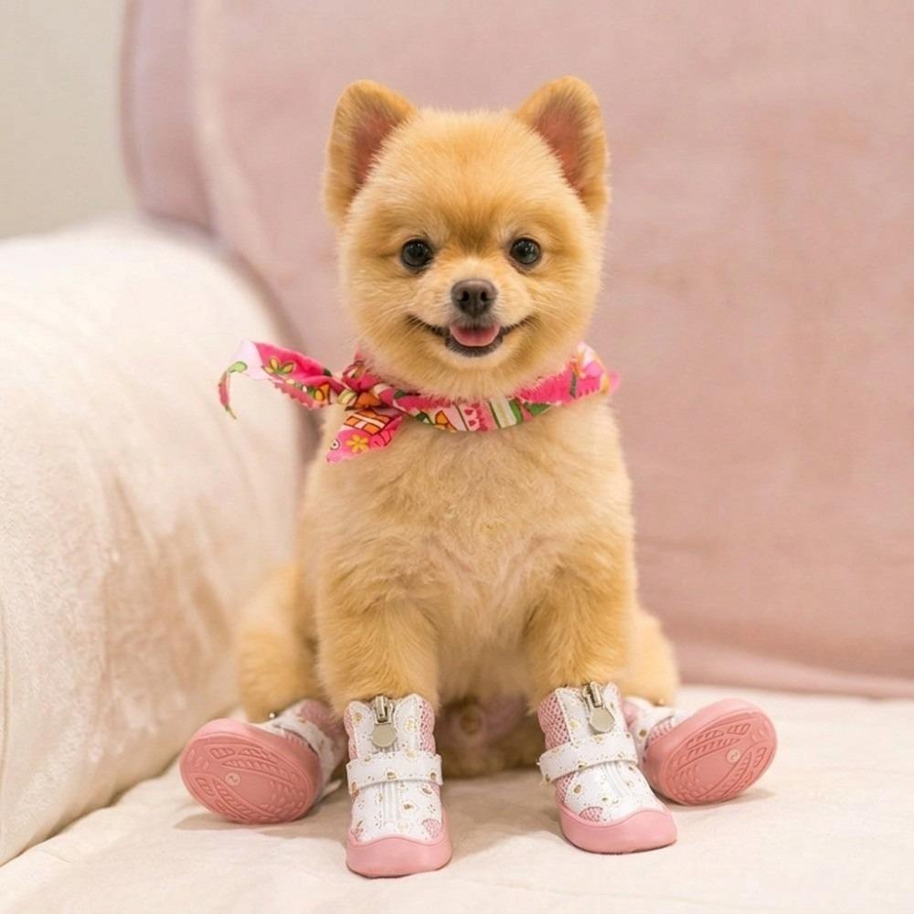 4Pcs Anti-Slip Sole Mesh Dog Shoes Breathable Anti-Slip Dog Booties Paw Protection