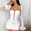 Новый женский модный сетчатый пэчворк топ без бретелей с открытыми плечами, на завязках, с корректирующим дизайном на косточках, футболка