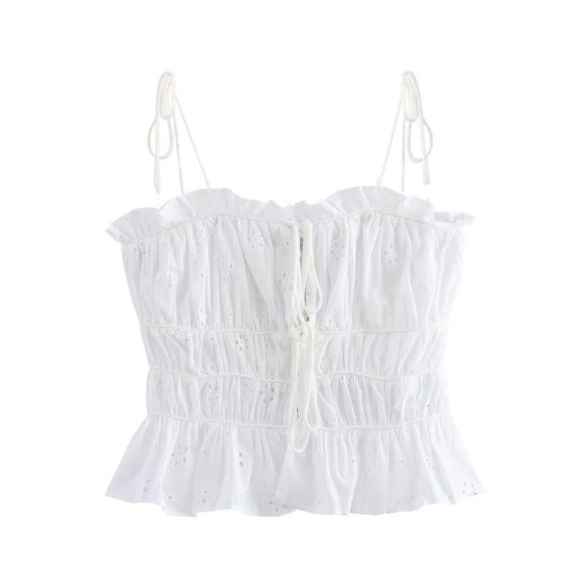 Fashion Style Summer New Women's Sling Easiest for Match Bowknot Decoration Cut Out Embroider Tops 3456361 250