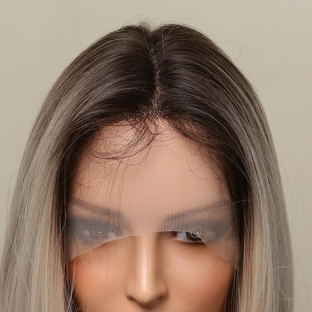 ALAN EATON Блондинка 13*1 кружевные фронтальные короткие синтетические парики Ombre темные корни натуральные искусственные волосы для женщин парик шнурка высокая температура