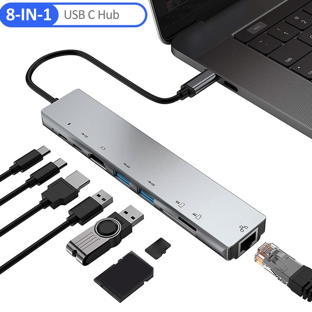 Многопортовый адаптер док-станции USB C Hub TypeC 8IN1 с Ethernet USB 3.0 PD 4K HD RJ45