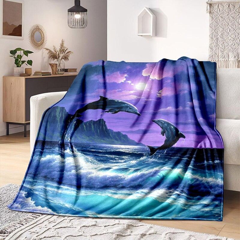 Underwater World Fish Dolphin Pattern Print Soft Flannel Blanket Sheet Sofa Office Air Conditioner Throw Blanket Gift