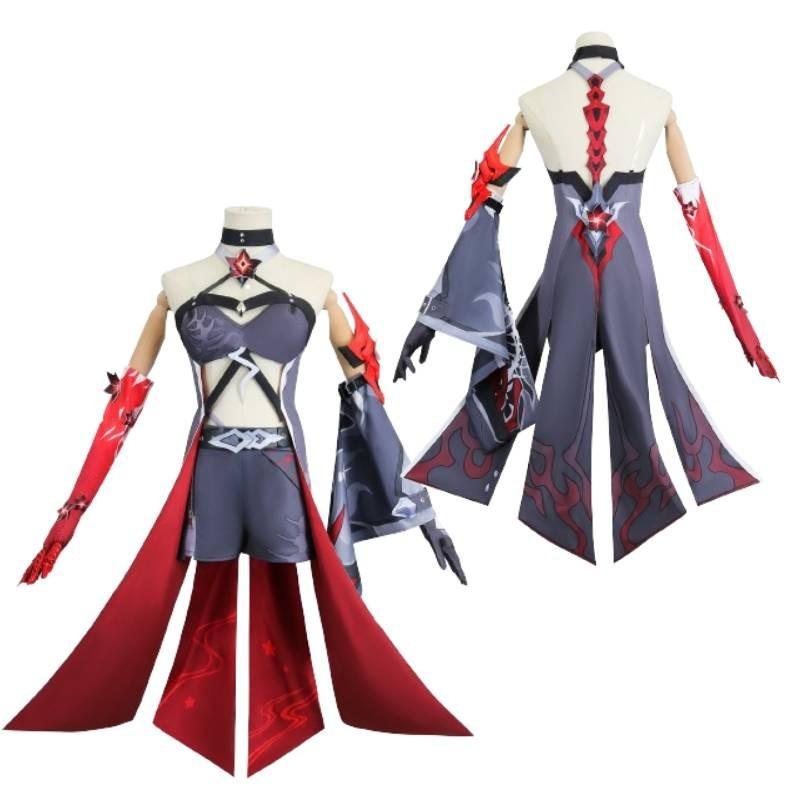 Яркий желто-красный костюм для косплея для игровых энтузиастов с париком