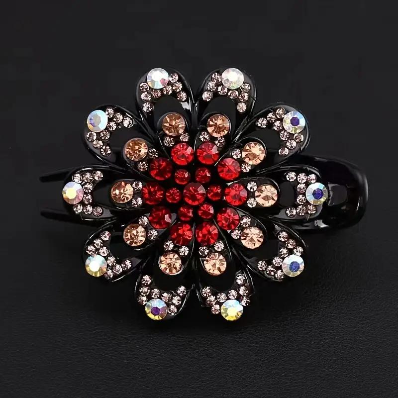 Flower Hair Clip Crystal Rhinestone- Fancy Ponytail Barrette Elegant Hair Clip for Women