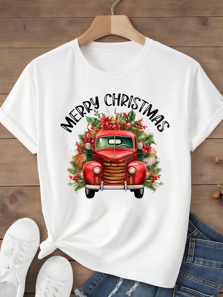 (Asian Size) Tee Top Festival Merry Christmas Leopard Love Happy New Year Holiday Women Print Lady Short Sleeve Fashion Graphic T-shirts