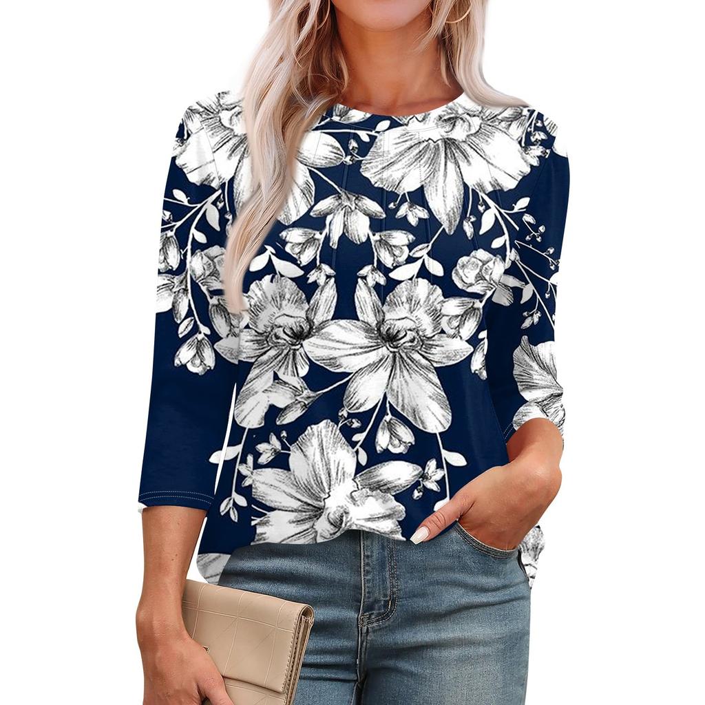 Женская модная повседневная футболка с круглым вырезом и рукавом семь четвертей в стиле ретро с принтом, плиссированная футболка