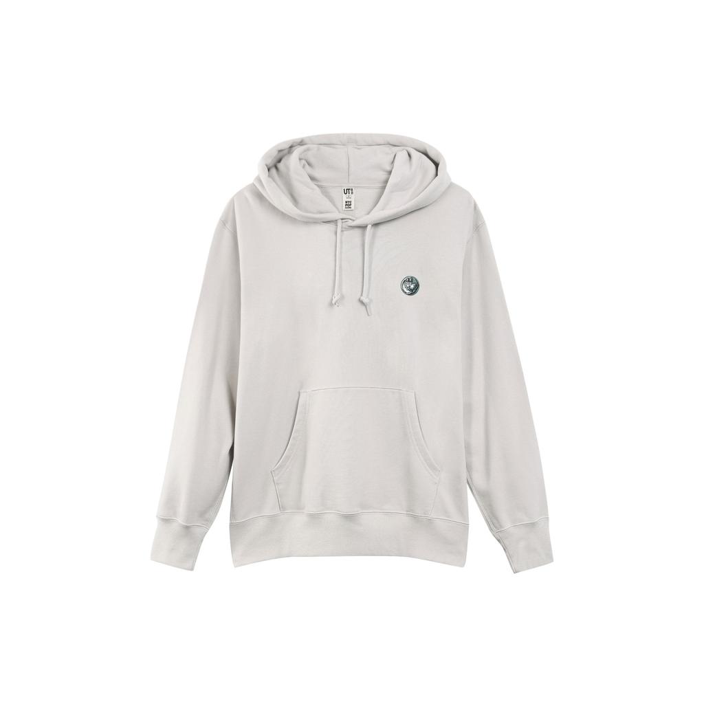 Uniqlo Свитшот с капюшоном и графическим принтом, свободный крой, повседневный, с длинным рукавом, унисекс, светло-серый 455814-02