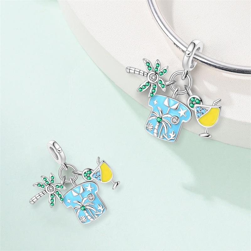 New Summer Day 925 Silver Seaside Sailboat Coconut Tree Sunglasses Camera Charms Beads Fit DIY Silver Bracelets Jewelry