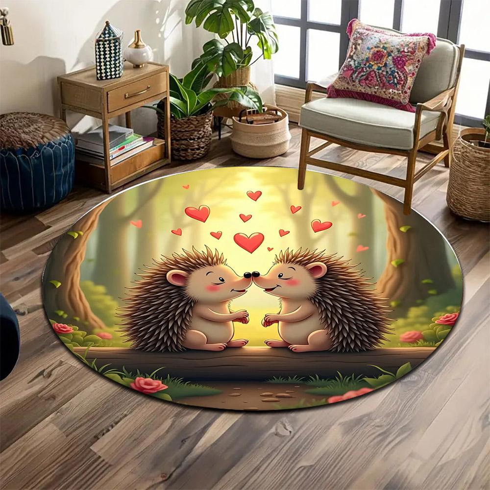 Hedgehogs in Love Forest Scene Print round rug, living room, bedroom, playroom carpet, non slip floor mat, gift