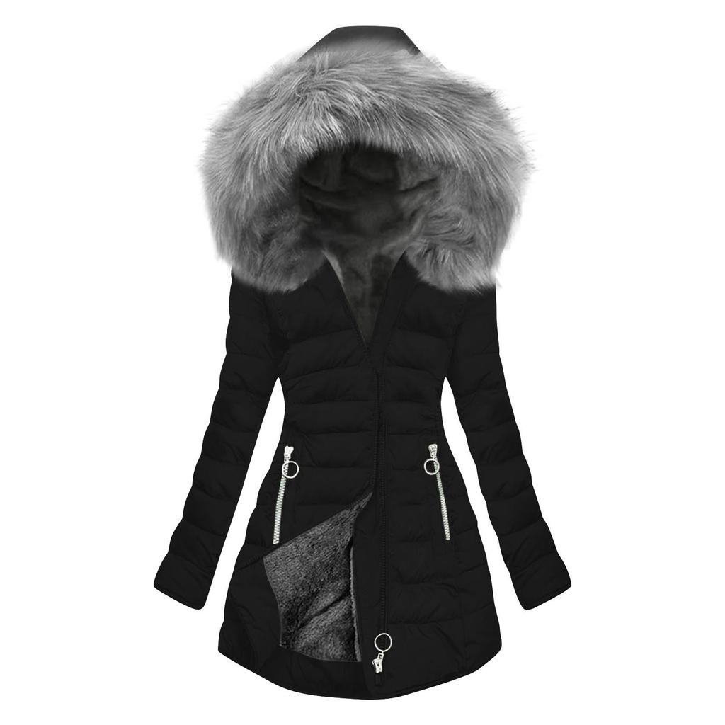 Women Hooded Plus Velvet Corduroy Coat Ladies Winter Cotton Coat Thickened Mid Length Warm Jacket
