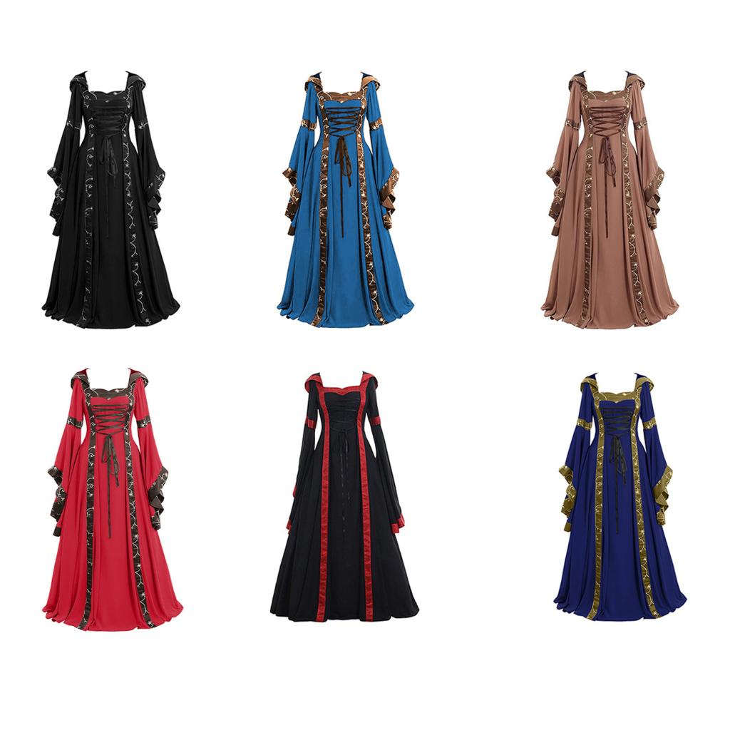 Женское платье в средневековом королевском стиле со шнуровкой и капюшоном, рукавами «летучая мышь», макси-платье с затягивающимся квадратным воротником, сценический костюм для Хэллоуина в стиле Ренессанс