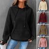 Women Fall Winter Hoodie Thick Waffle Texture Hooded Long Sleeves with Big Pocket Solid Color Loose Elastic Cuffs Drawstring Sport Top