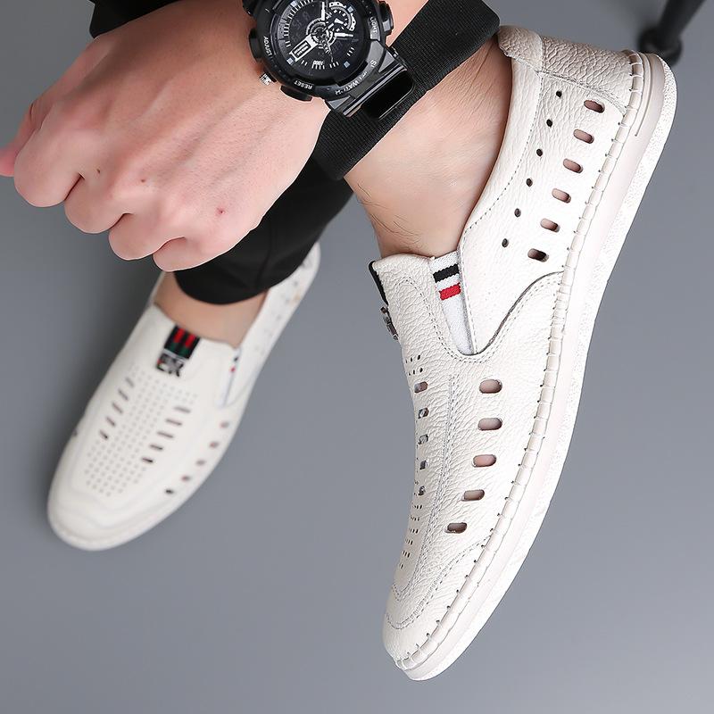 Men'S Sandals Leather Business Hollow Punching Men'S Shoes Soft Sole Hole Dad Leather Shoes White