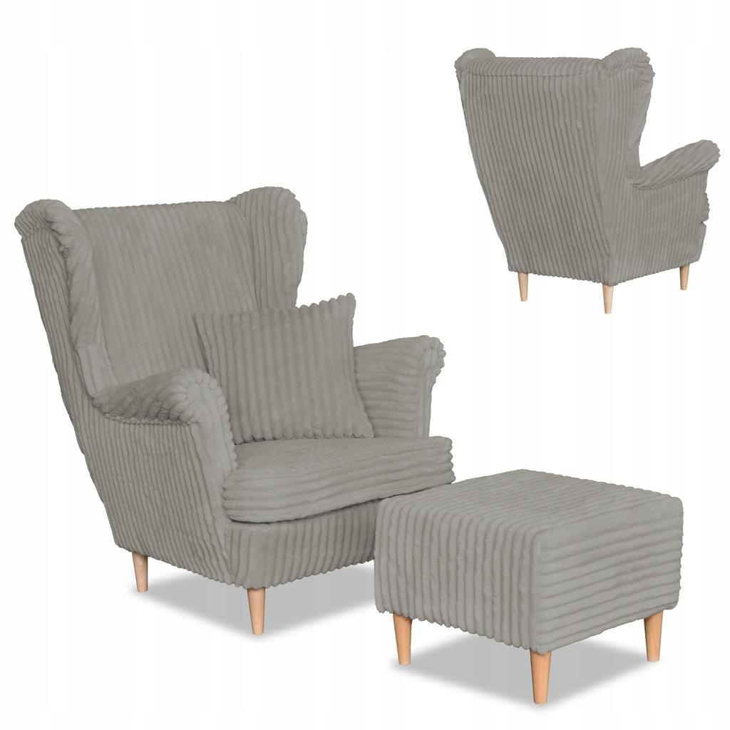 Fotel uszak Rene z podnóżkiem skandynawski Family Meble szary sztruks