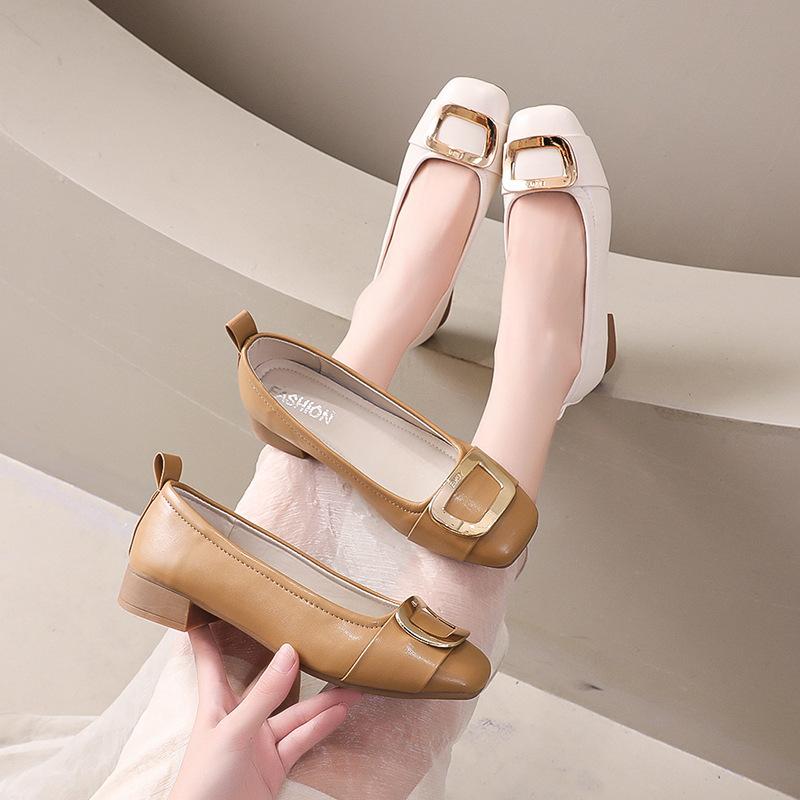 Квадратная пряжка на низком каблуке, женские туфли на весну и осень, новые, нежные, с квадратным носком, с толстым каблуком, туфли для бабушек, универсальные рабочие туфли прилив