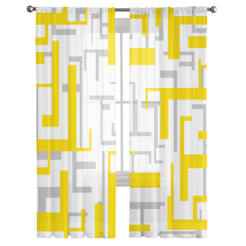 Art Geometry Yellow Grey Sheer Curta For Living Room Printed Tulle Window Curtain Luxury Home Balcony Decor Drapes