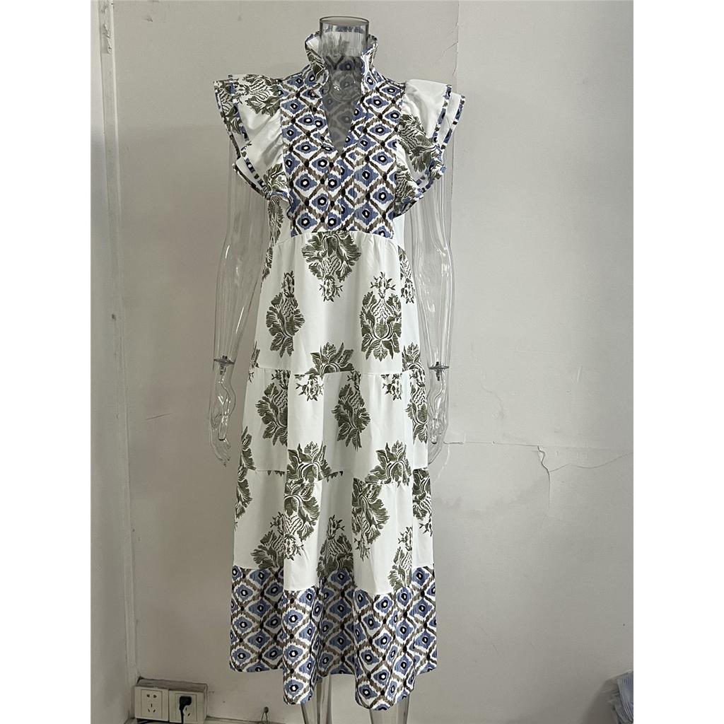 Women's Summer Flying Sleeves V-neck Dress Floral Print Stand Collar Midi Dress