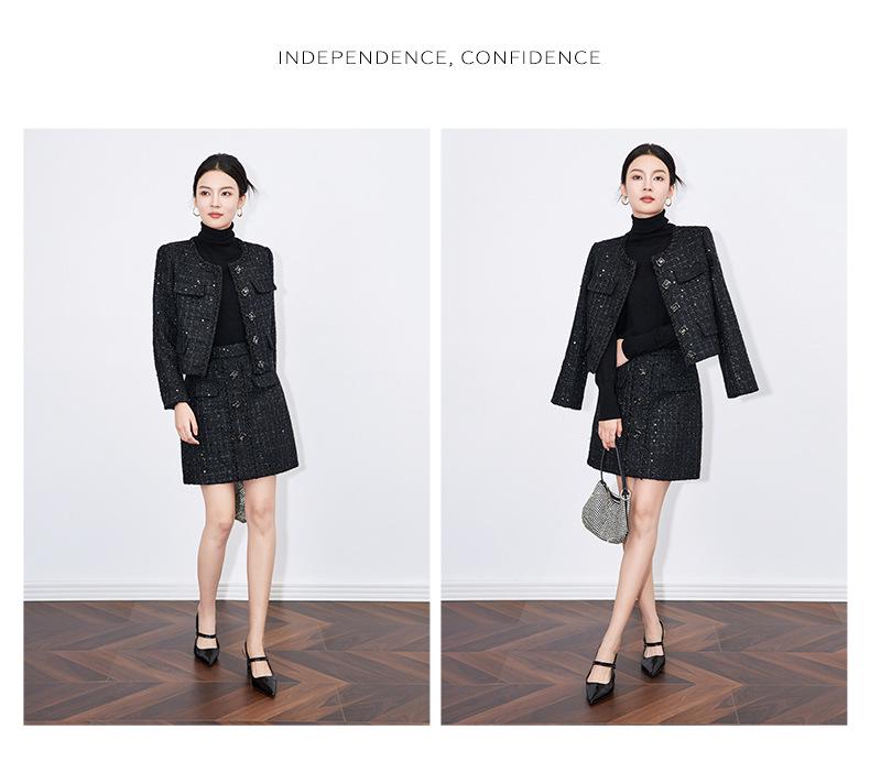 Coco Style Sequin Wool Top & Midi Skirt Set for Women