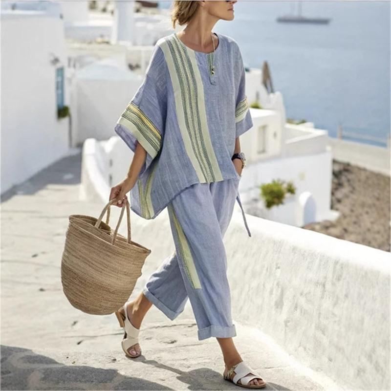 Japanese-style vertical stripe ramie bamboo fiber top for women, summer loose casual versatile V-neck shirt pants set
