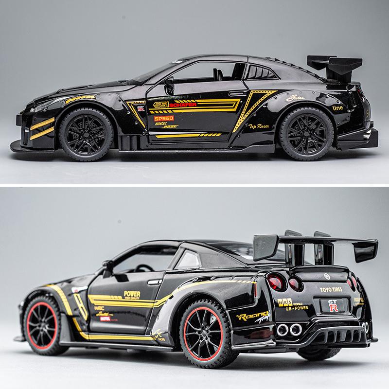 Масштаб 1/24, совместимый с моделью GTR, игрушечный автомобиль, игрушечный автомобиль из цинкового сплава со звуком и светом для детей, подарок для мальчиков и девочек