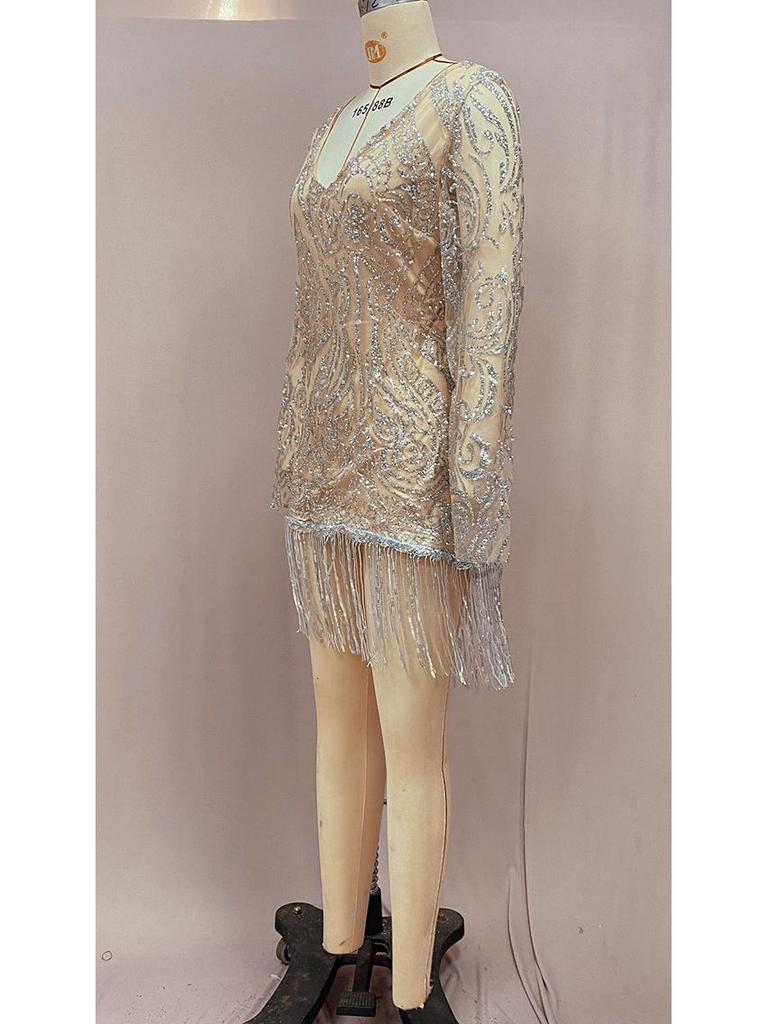 Весеннее европейское и американское платье-миди для пригородных поездок 2025 года с золотыми пайетками и кисточками