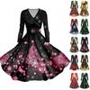 Women's Christmas Tree Snowflake Print V-Neck Slim Fit Long Sleeve Swing Dress