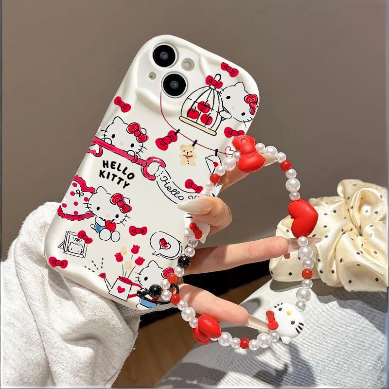 Чехол для iPhone 17 16 15 Pro Max 17 Air 14 13 12 Pro Max 11 16e 15 Plus 13 mini XR Sanrio Hello Kitty Браслет-бантик Чехол для телефона