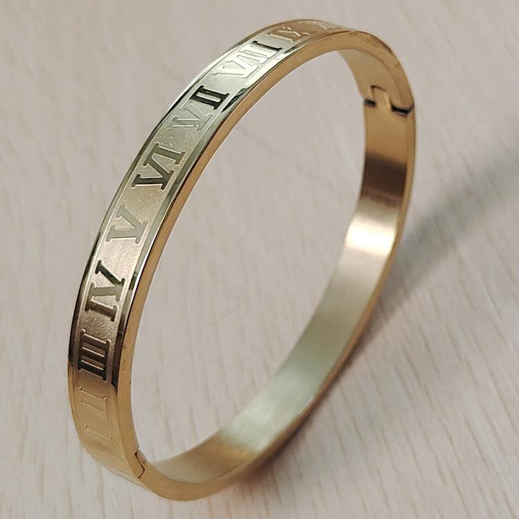 Stainless steel Bangle Roman Letter Clasp Geometric Inlaid Silver Tone Fashion Jewelry