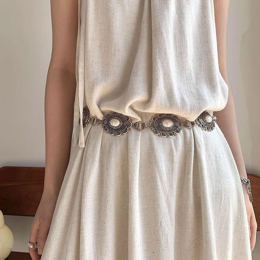 Vintage Bohemian Style Waistband Flower Ethnic Style Belt Metal Waist Chain Beach Accessories