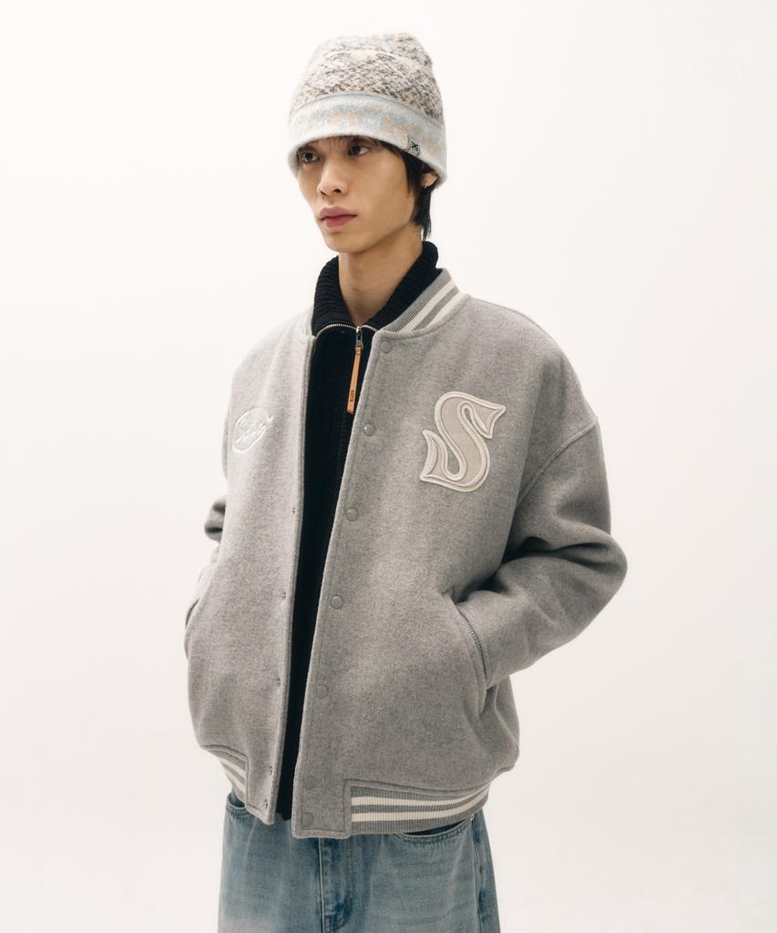 Satur S Applique Wool Varsity Jacket Grey