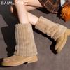 Меховая платформа Женские ботильоны Замшевые Средний каблук Модная обувь Женская 2025 Тренд Зимняя Повседневная Удобная Теплая Снежные ботинки Женские