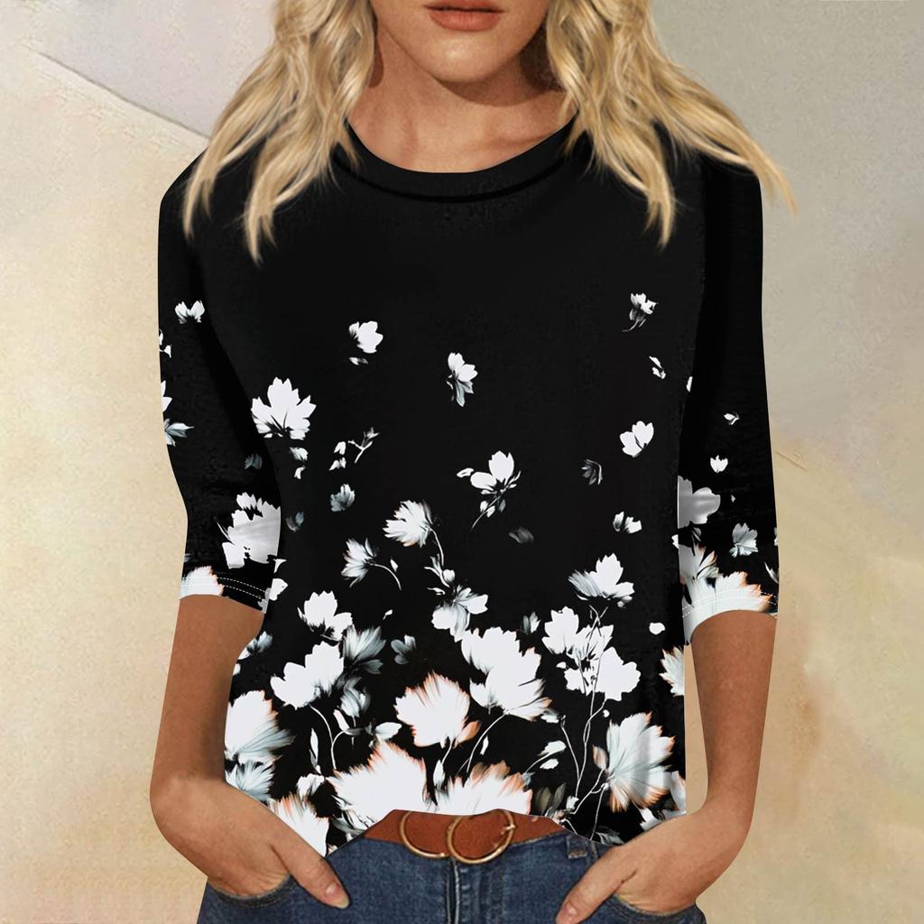 Женская модная повседневная футболка с рукавом семь восьмых, принтом и круглым вырезом