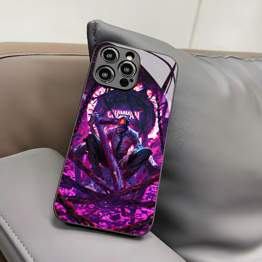 Чехол для телефона Аниме Человек-бензопила для Iphone 17 Air 16 15 14 12 11 13 Pro Max Mini X Xr Xs Puls Черная стеклянная крышка