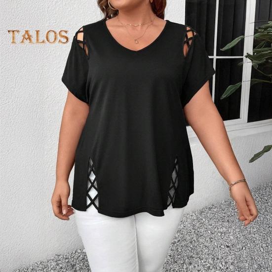 Женская летняя футболка с V-образным вырезом, коротким рукавом, однотонная, свободного кроя, повседневные топы с ажурным перекрестным дизайном