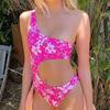 Backless High Cut Floral Print Romper Shoulder Hollow Bikini One One-piece Swimsuit for Water