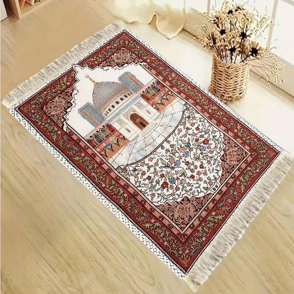 Lightweight Blue Ombre Prayer Rug Portable Islamic Mat with Floral Print Tassels