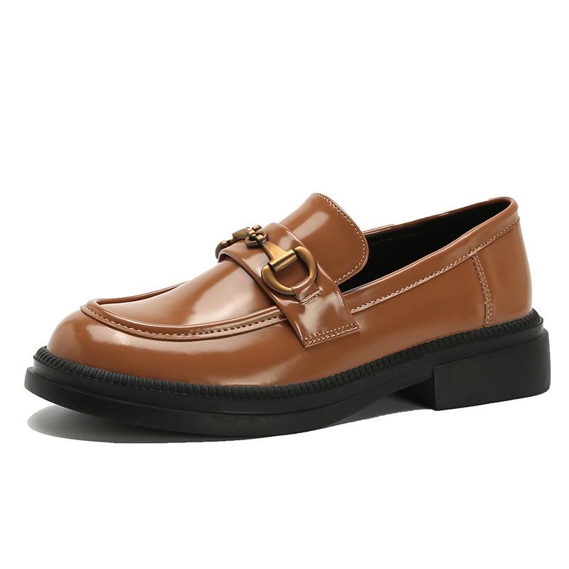 Лакированные кожаные лоферы, одинарные туфли без шнуровки, кожаные женские туфли с толстой подошвой и нескользящим круглым носком, Англия