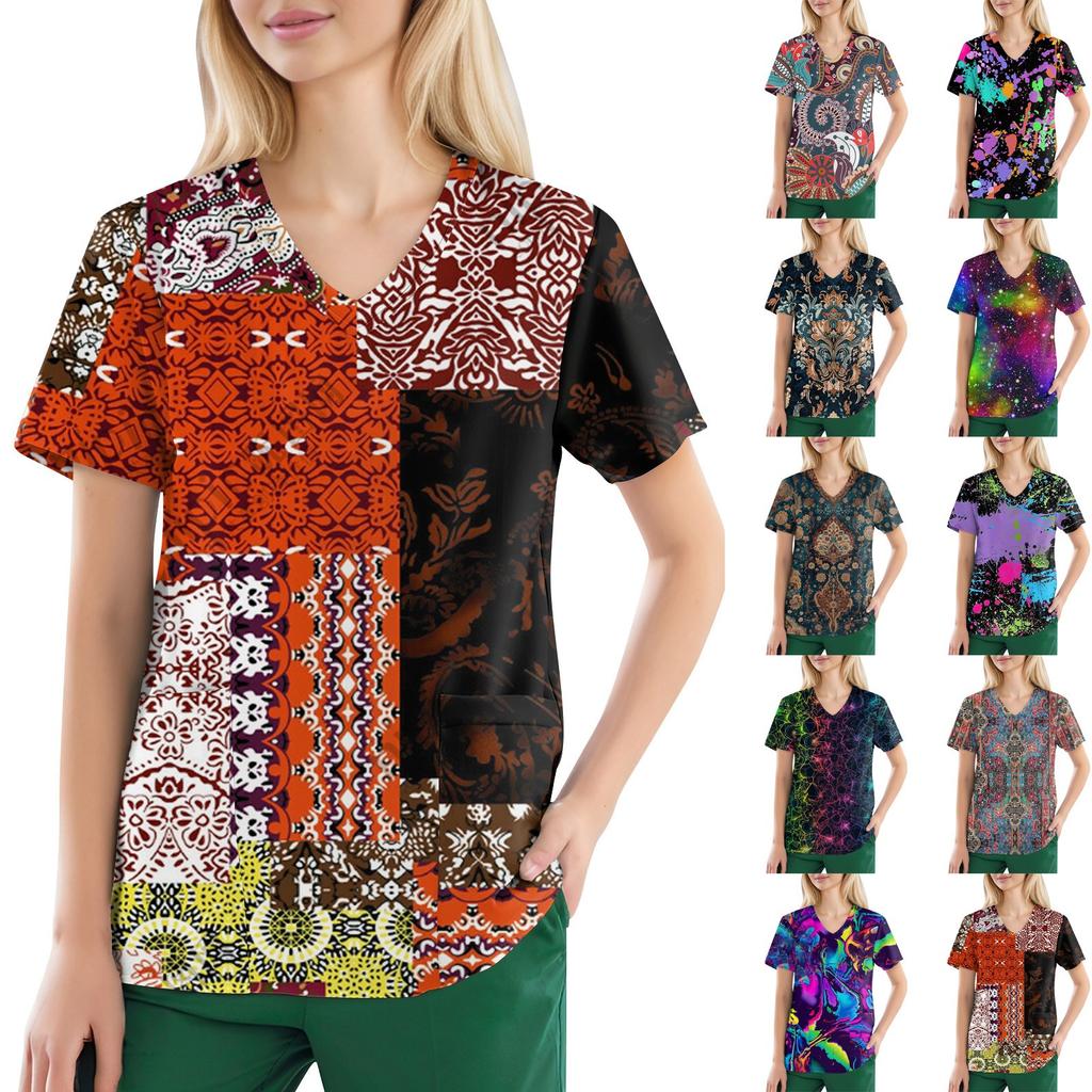Plus Size Printed Scrub Working Uniform Tops For Women's V-Neck Short Sleeve Fun T-Shirts Workwear Tee With Pockets