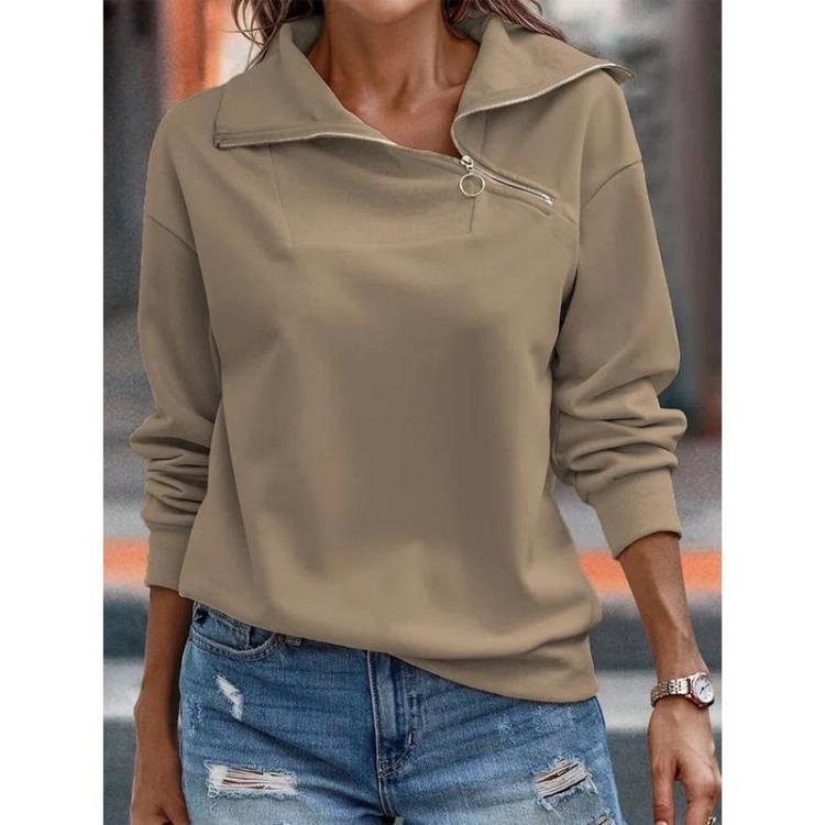 Fashion Loose Sweatshirt Hoodie for Women Autumn Solid Color High Neck Zipper Hooded Top