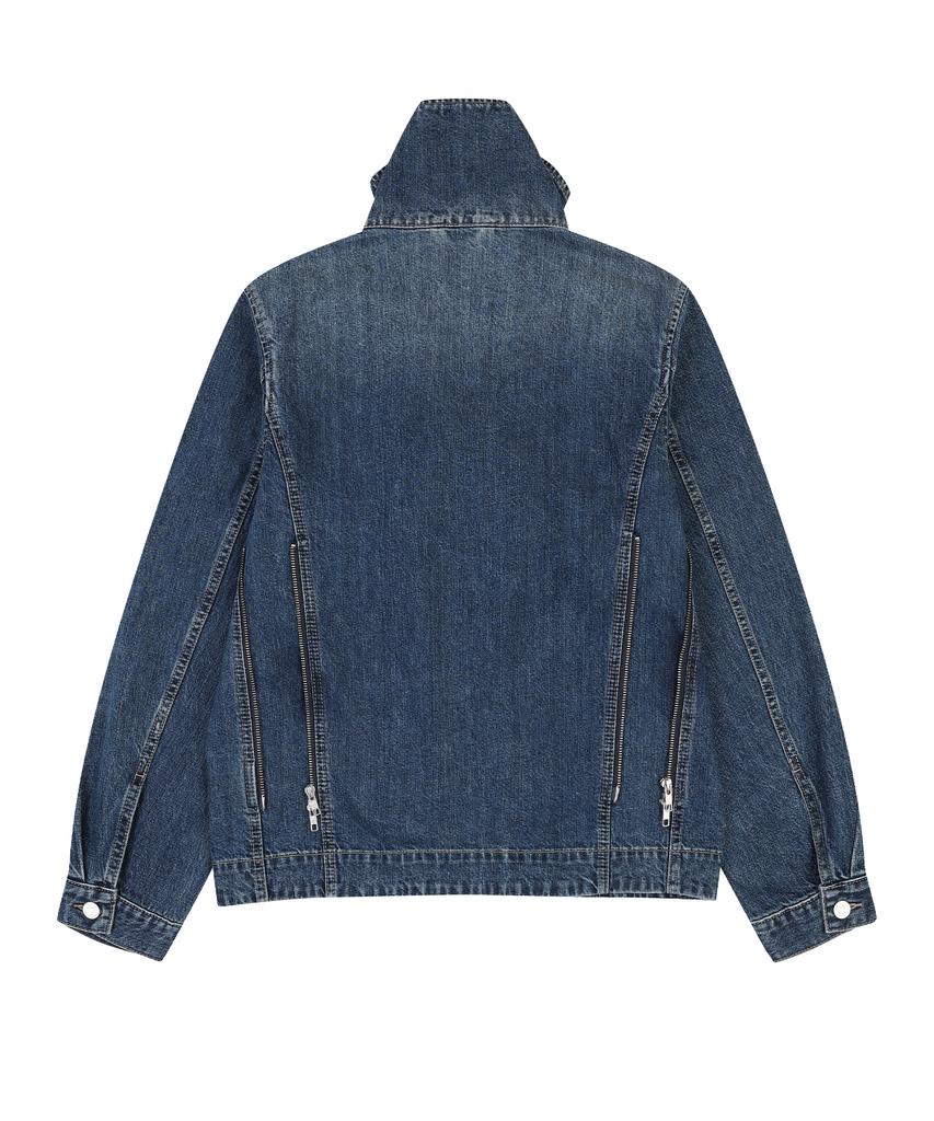 LAB101 High-Neck Snap Zip-Up Denim Jacket (Mid Blue)