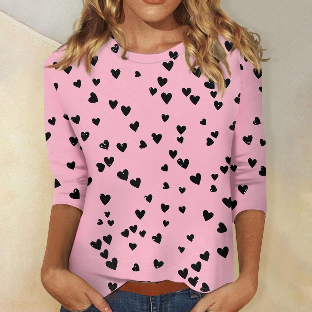 Женские топы с рукавом три четверти и круглым вырезом, свободная футболка с принтом ко Дню святого Валентина